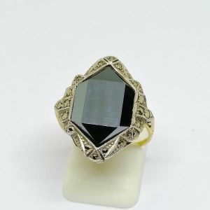 Bague Argent/Or, avec hématite de forme géométrique, marcasites, Art Déco.