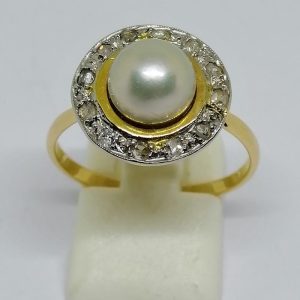 Bague or bicolore avec perle de culture et diamants