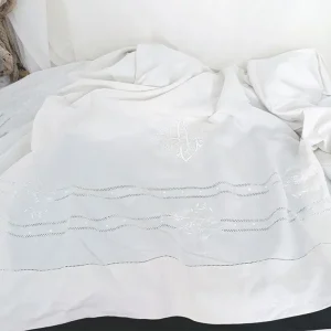 Ancien grand drap broderies ajourées, jours et monogrammes HL