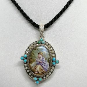 Pendentif argent, vermeil, avec miniature émaillée, sertie de perles fines et turquoises,1860-80.