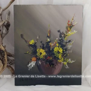 Original tableau signé peinture huile sur bois Bouquet Fleurs