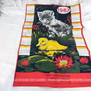 Ancien torchon calendrier 1987 avec dessin chat et canard