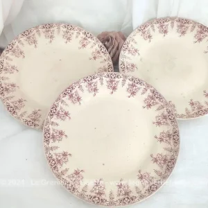 Trio assiettes plates S.F.G.B.N.G.R. modèle Primevère rose XIX°